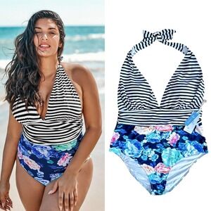 Cupshe One Piece Swimsuit Womens 2X Halter Floral Stripe Blue Black Bathing Suit